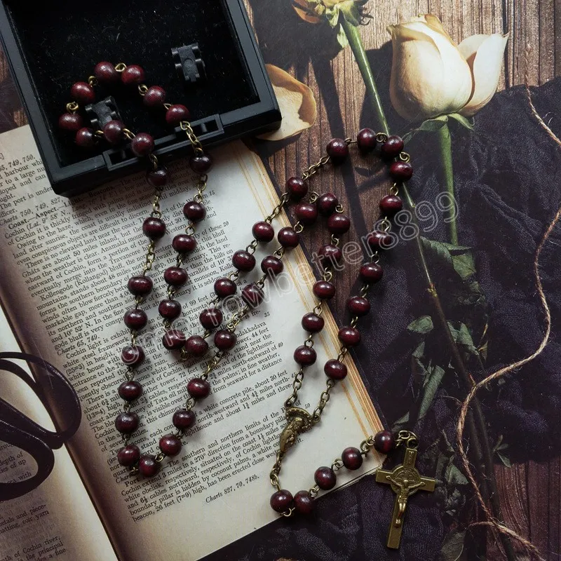 Chapelet Long en bois rouge foncé, croix de jésus, collier catholique Vintage pour hommes et femmes, bijoux religieux