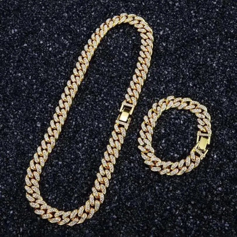 Hip Hop lodowany łańcuch tenisowy męski 15 mm kubański link Naszyjnik Bransoletka Diamentowe Designer Naszyjniki biżuterii dla kobiet impreza złota bra188x
