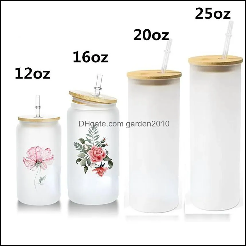 Other Drinkware 12Oz 16Oz 20Oz 25Oz Sublimation Glass Beer Mugs With Bamboo Lid St Diy Frosted Clear Drinking Utensil Coffee Wine Mi Dh3Nd