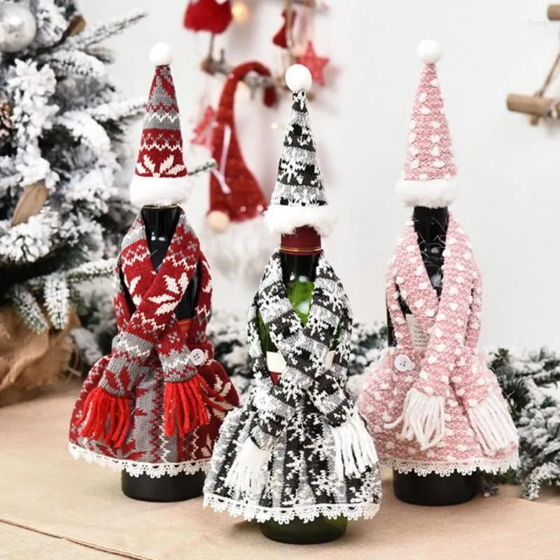 Kerstdecoraties 3 stks/set wijnfleshoes tas Kerstman breien hoeden voor jaar Xmas Home Dinner Party Decor #7