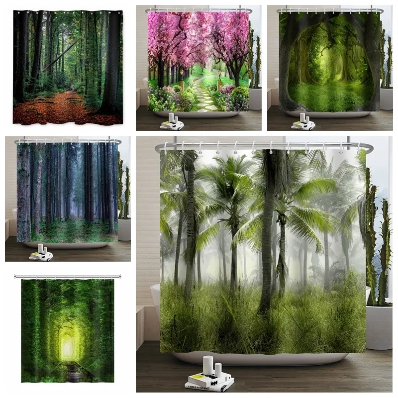 Duschvorhänge natürliche Waldlandschaft Tropische Bäume Boho Badezimmer wasserdichtes 3D -Druck -Trennwand mit Haken 221012