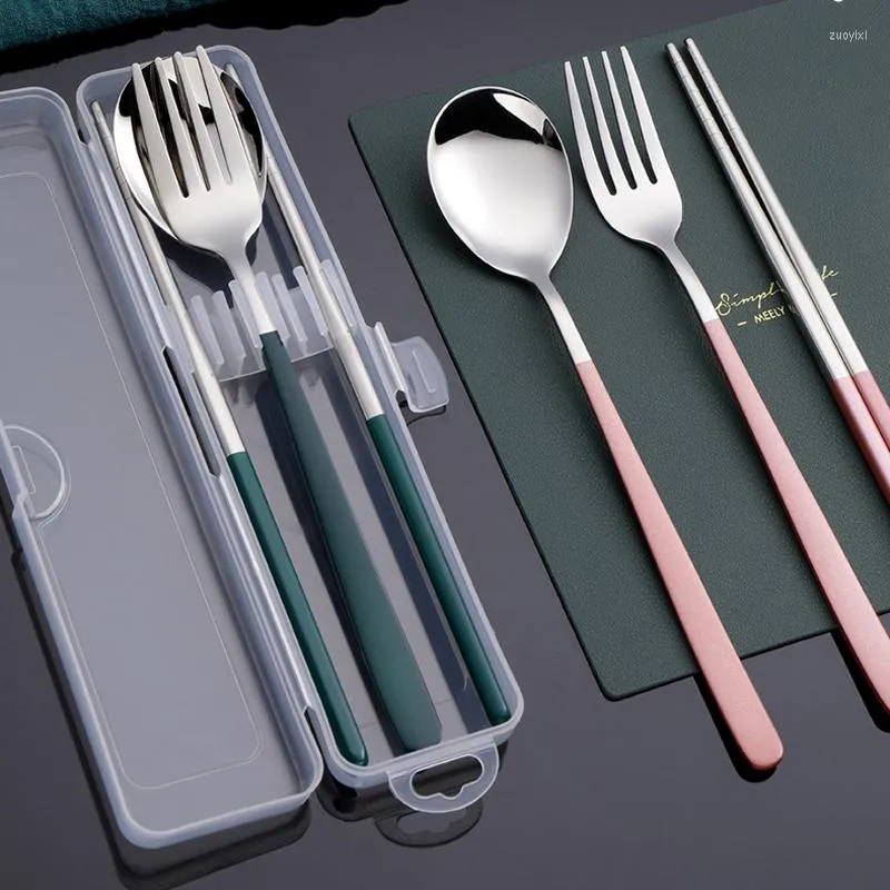 Dinnerware Defina os pauzinhos de faca de aço inoxidável prateados 3 em 1 talheres portáteis com estojo de armazenamento para viagem