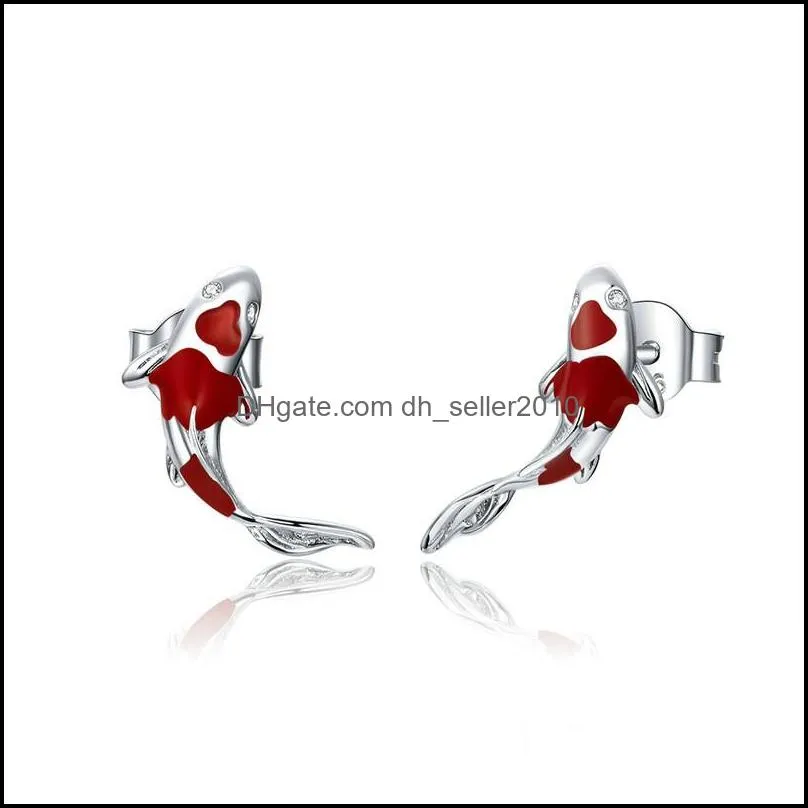 Charm Bamoer Fish Red Enamel Stud Earrings For Women 925 Sterling Sier Spring Koi Ear Studs Festival Fashion Jewelry 1771 V2 Drop De Dhdv0
