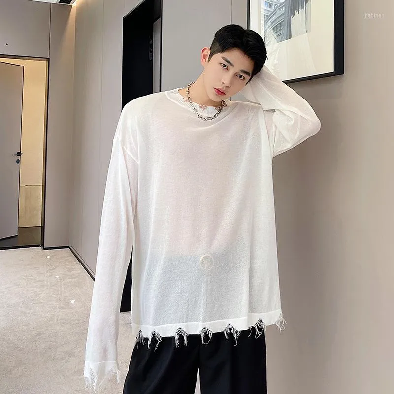 T-shirt da uomo 2022 T-shirt manica lunga primavera estate stile coreano O-collo T-shirt lavorata a maglia Thinlight Top con orlo danneggiato Vedi attraverso