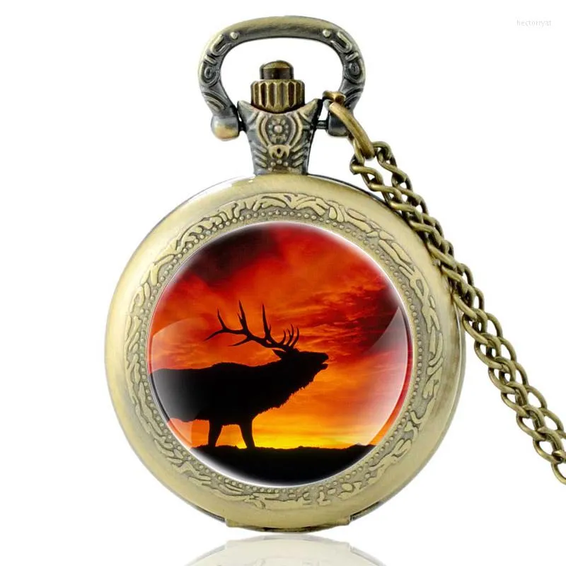 Pocket Watches Elk Under The Sunset Charm Quartz Watch Men Women Bronze Color Pendant Necklace Hours Clock Gifts