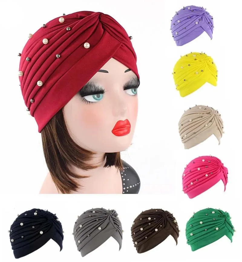 Women Muslim Pearl Beads Elastic Turban Bonnet Scarf Islamic Inner Hijab Caps Arab Head wrap Hijab femme musulman turbante mujer