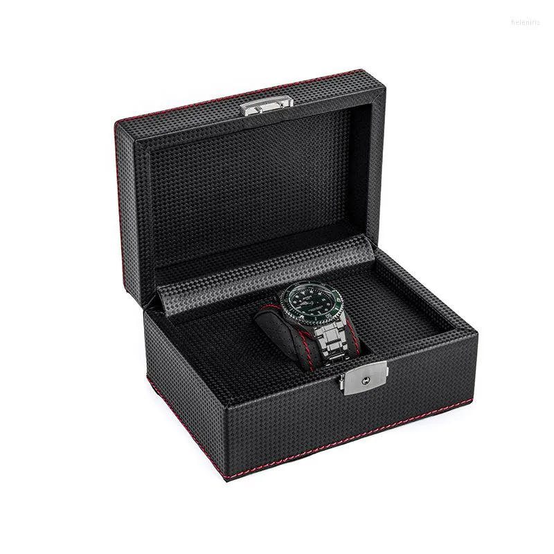 Boîtes de montre Boîte en cuir en fibre de carbone Organisateur en bois Black Rangement Case de luxe avec cadeau d'anniversaire de verrouillage