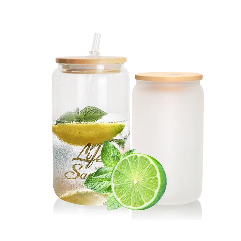 16oz Sublimation Glass Mugs Clear Cola Can Tumblers With Bamboo Lid and Reusable Straw Beer Cocktail Cup Whiskey Coffee Iced Tea Jar US Warehouse 2 Days Delivery