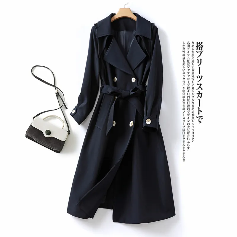 2022 Autumn Notched-Lapel Solid Color Belted Trench Coat Ivory / Blue Long Sleeve Double-Breasted Long Outwear Coats H2S177544