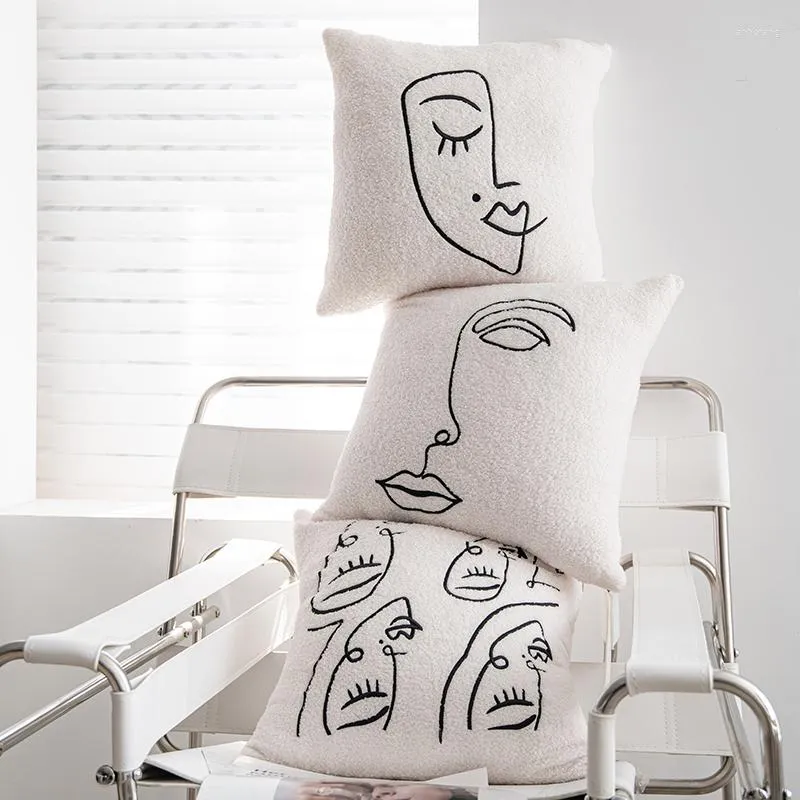 Kussen Molotu Nordic Abstract Face Design Berber Fleece Fabric Decoratieve kussens Decor Home Witte bank