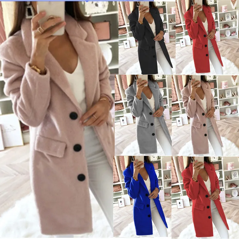 Plus -storlek Lång ullkvinnor Autumn Spring Coats Jackor Korean Elegant Vintage Coat Double Buttons Cloak Cape Solid Jacket