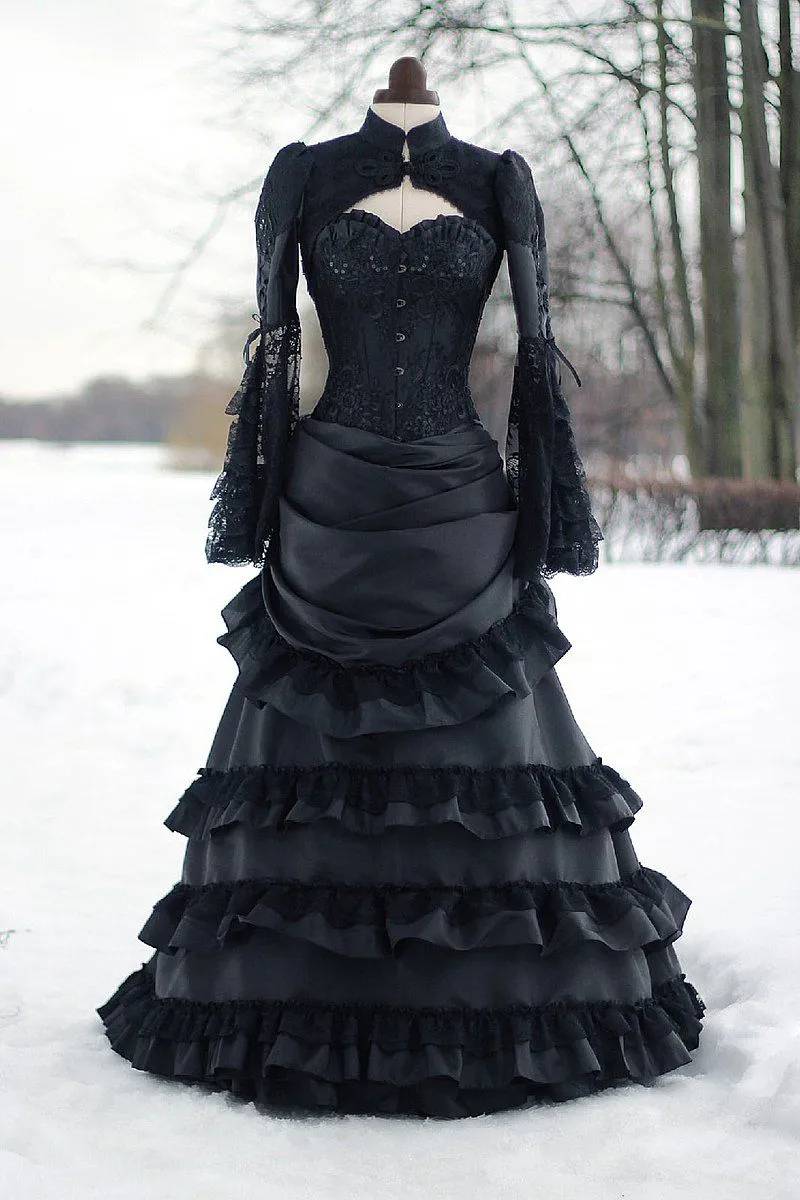 Vintage Victorian Black Bustle Wedding Dress, Gothic Medieval Bridal Gown  with High Neck and Long Sleeves, Corset Winter Cosplay Masquerade Dress