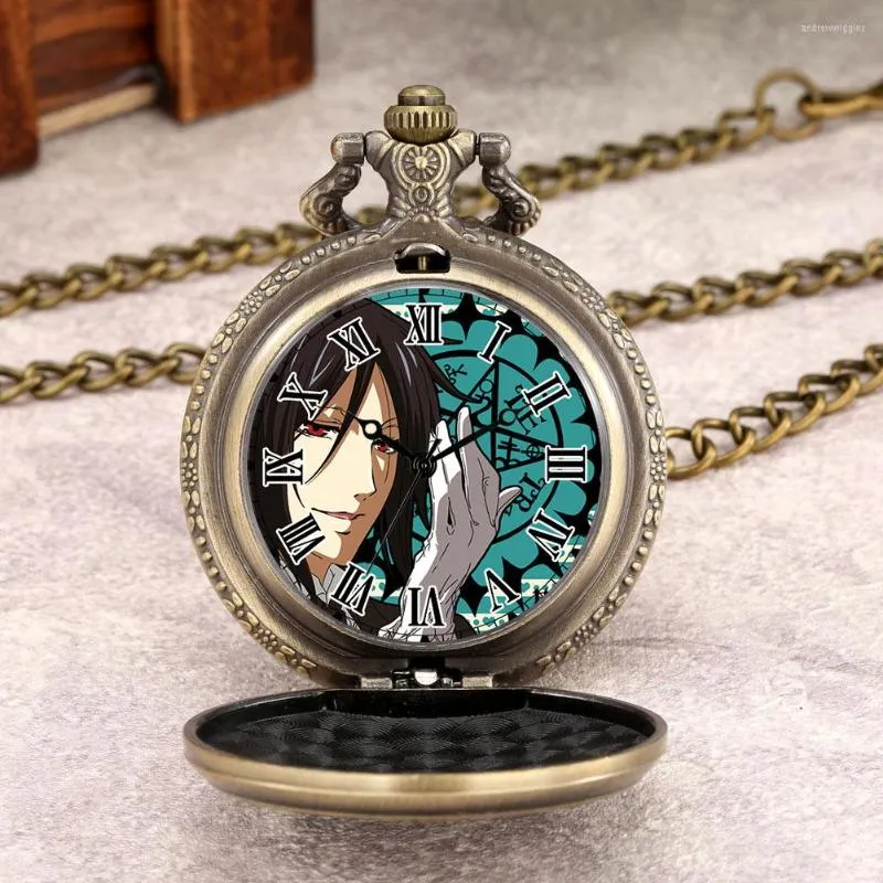 Pocket horloges Japanse anime messing horloge zwart butler thema hoogwaardige retro Romeinse cijfers Dial Alloy ketting ketting herencollectie