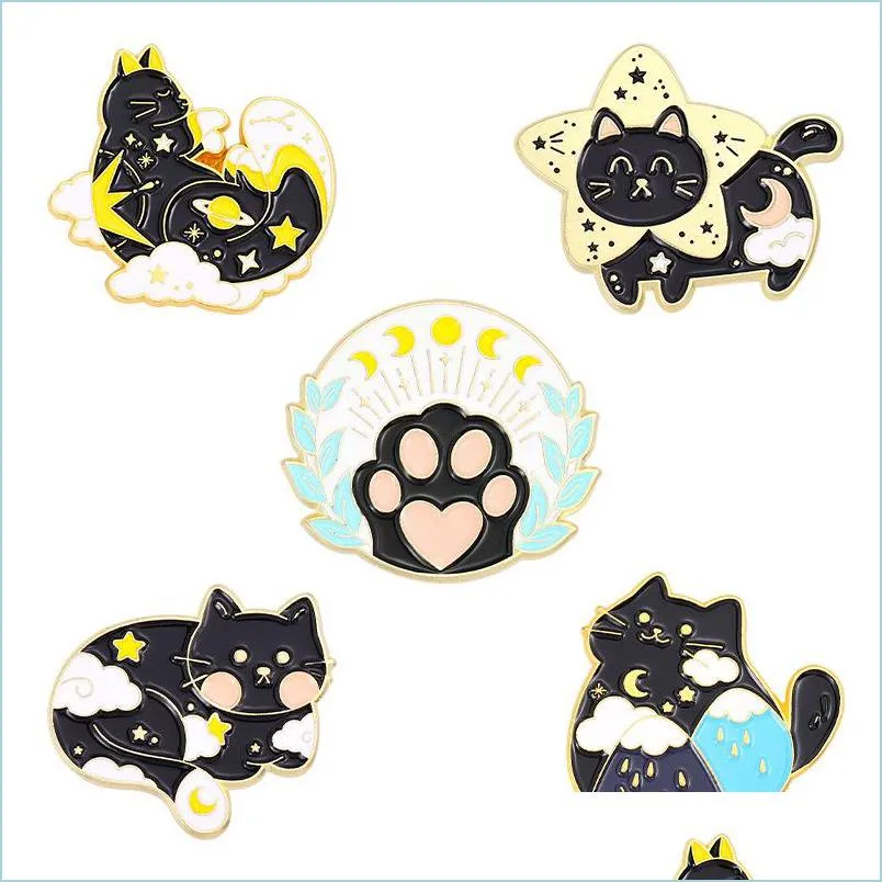 Pins Broschen Metall Emaille Revers Brosche Pin Stern Mond Tier Schwarze Katze Klaue Design Niedliche Abzeichen Kleidung Accessoires Mode Broschen Dhgav