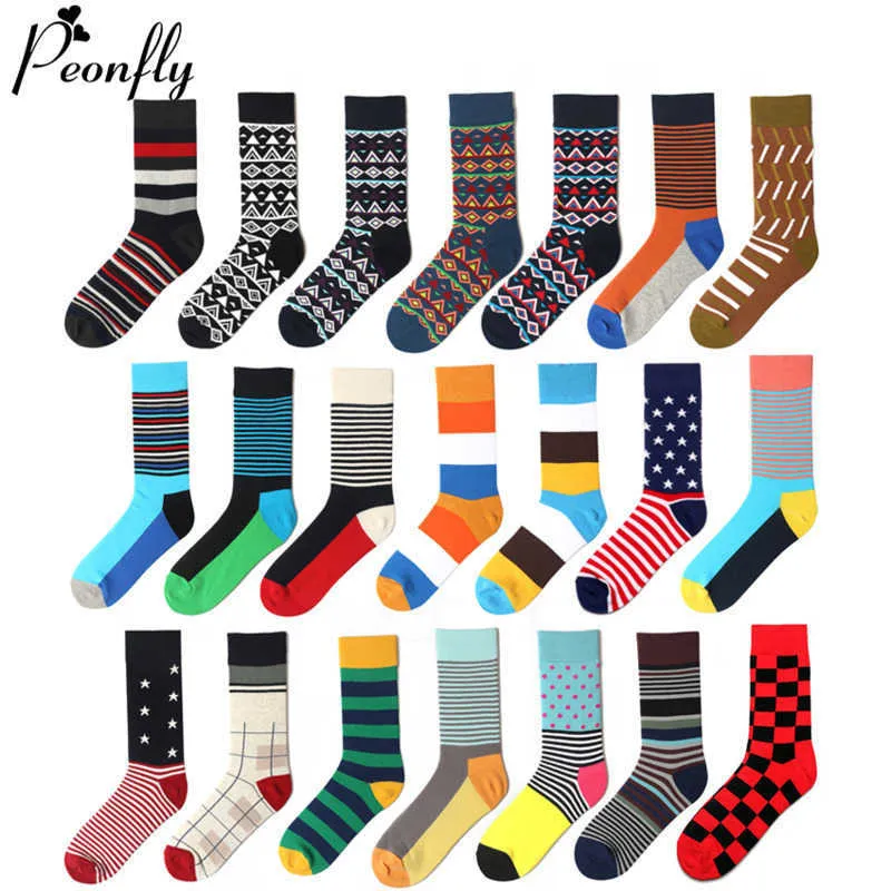 Men's Socks PEONFLY 1 Pair Men Dress Cotton Colorful Striped Plaid Printed Comfort Happy Skate Funny Geometry Dot Wedding T221011