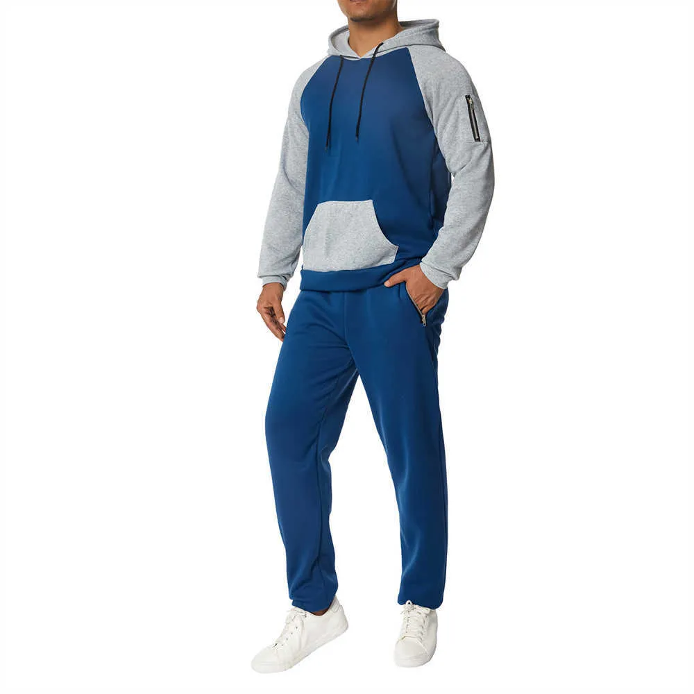 Tute da uomo Autunno Inverno Fitness Pantaloni sportivi Set Patchwork di colore a contrasto Coulisse con cappuccio Tasca grande Maglione ad alta elasticità G221011