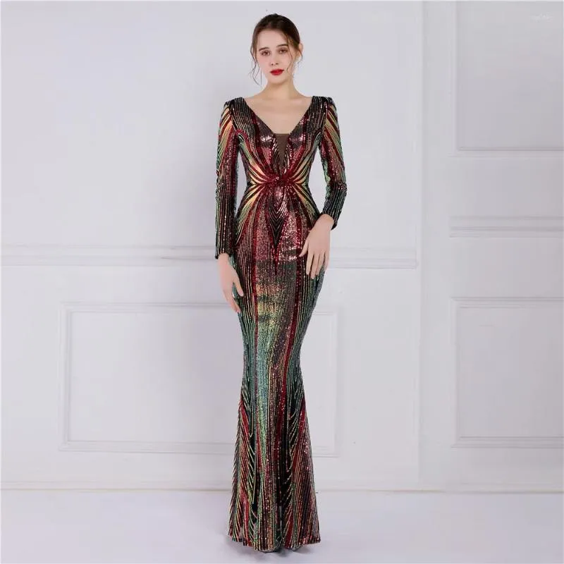 Party Dresses YIDINGZS Stretch Burgundy Sequin Maxi Dress Full Sleeve V Neck Mermaid Evening Night Long