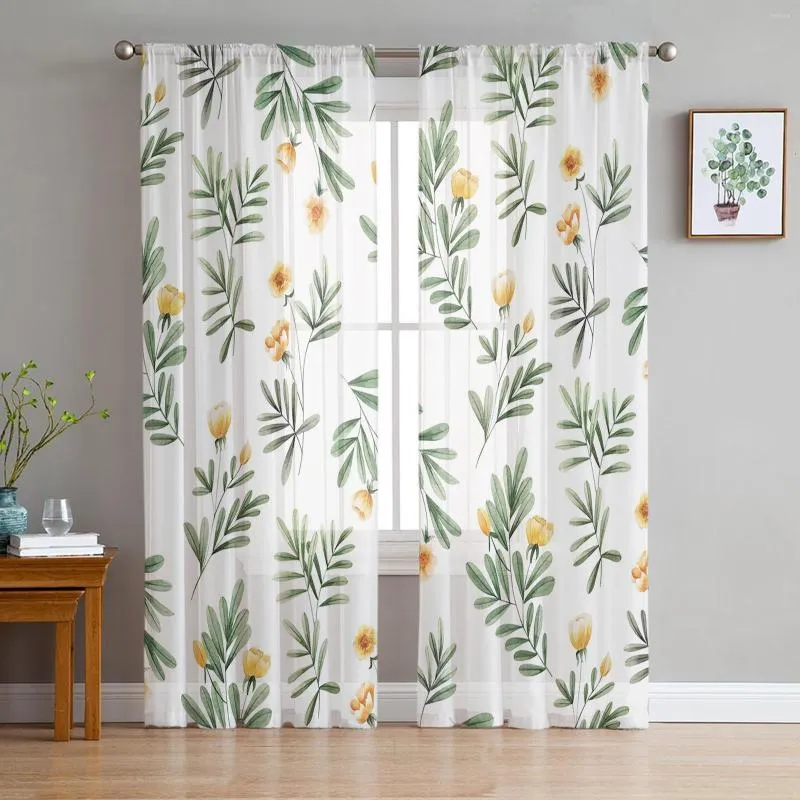 Curtain Spring Yellow Flower Green Leaves Sheer Curtains For Living Room Bedroom Kitchen Chiffon Tulle Home El Coffee Decor