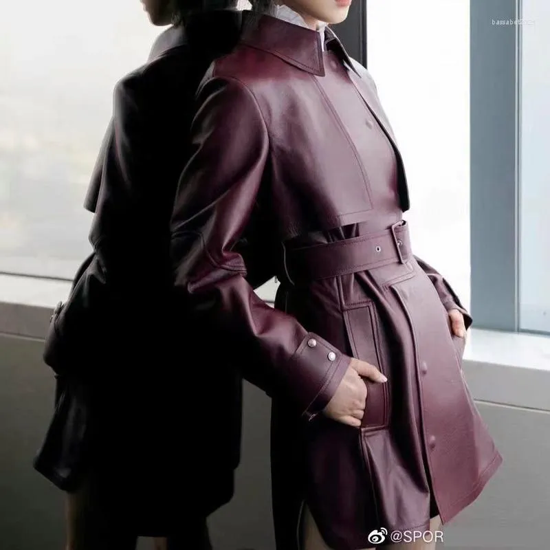 Women's Leather 2022 Arrival Women Coat Spring And Autumn Regular Length Genuine Jacket With Belt Wine Red Color Female Outerwear