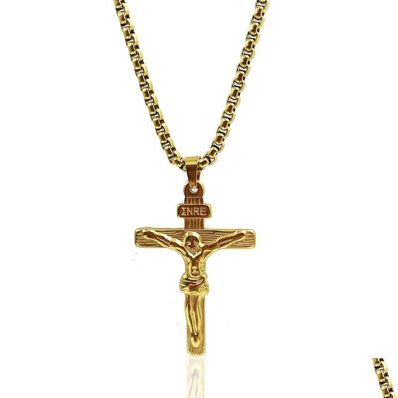 Pendant Necklaces 24K Solid Yellow Gold Gf 6Mm Italian Figaro Link Chain Necklace 24" Womens Mens Jesus Crucifix Cross Pendant 50 U2 Dhfb2