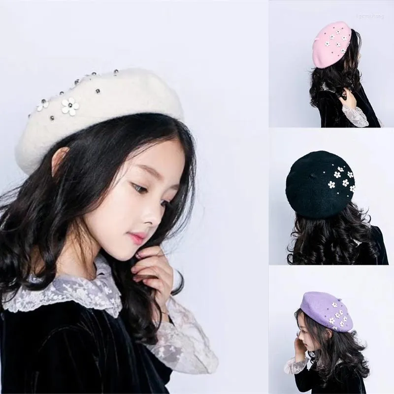 Cappelli 066F Donna Ragazza Perla Fiore Berretto Carino Pittore Cappello Beanie Elegante Lana Ottagonale Tutto-fiammifero Per 2-6 Anni