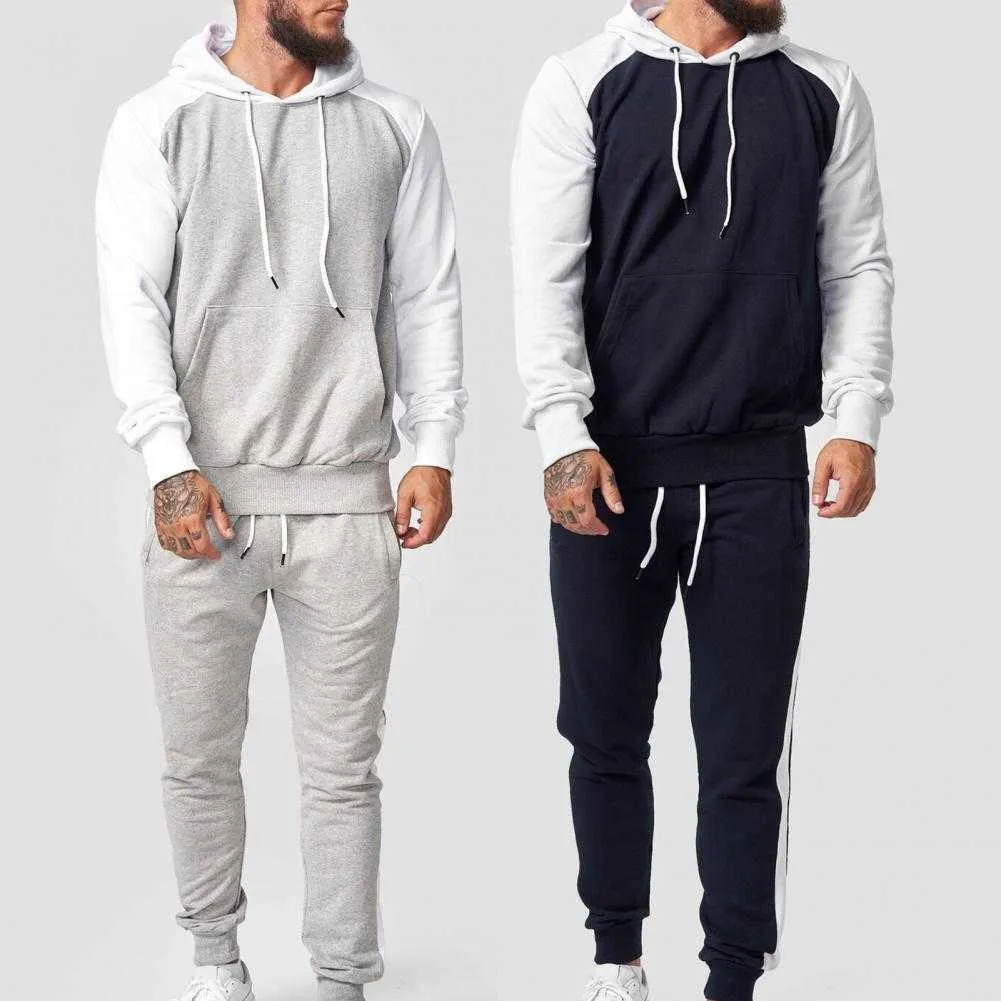 Tracksuits dos homens Tracksuit Outono Moletom Calças Terno Contraste Cor Com Capuz Solto Cordão Homens Esportes para Roupas Masculinas G221011