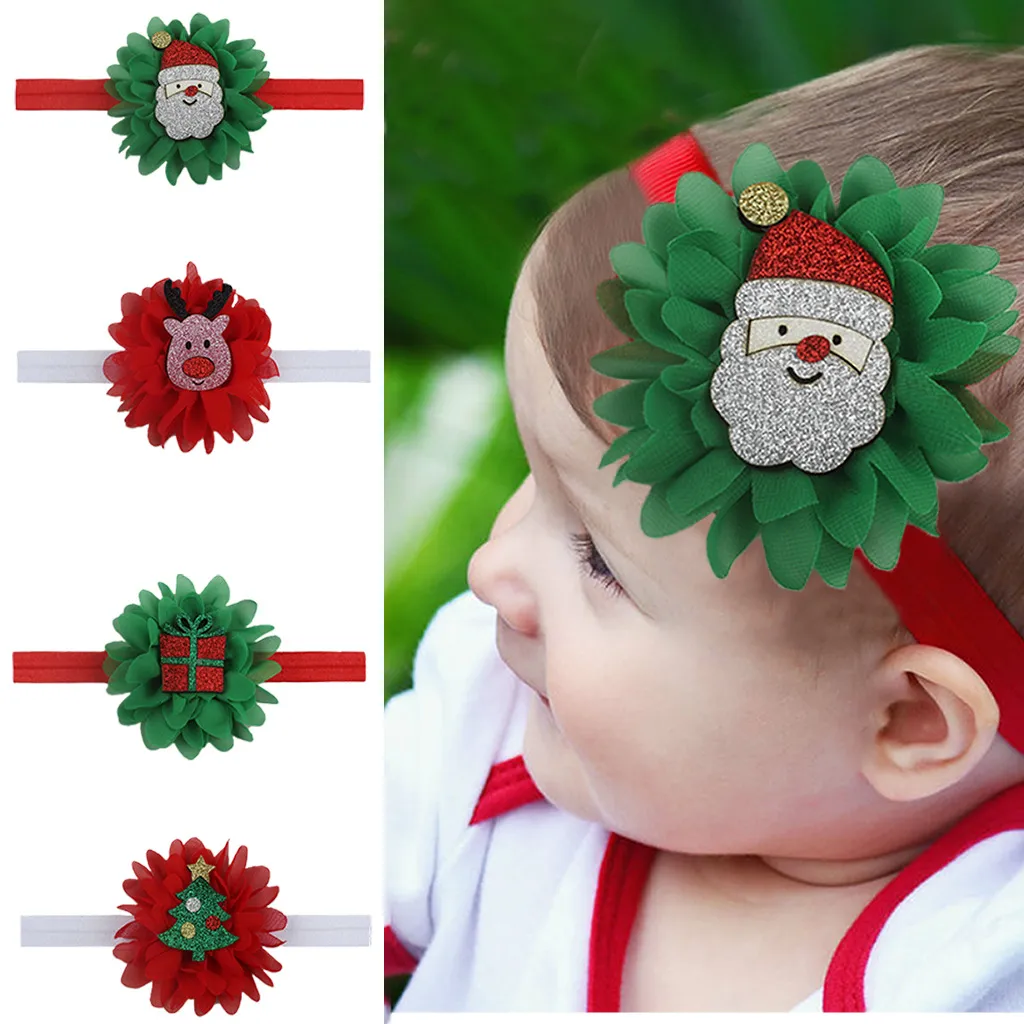 16003 baby kerstkisthoofdbanden kinderen chiffon bloem cartoon kerstman claus boom eland elastische haarband kinderen hoofddeksel haaraccessoire