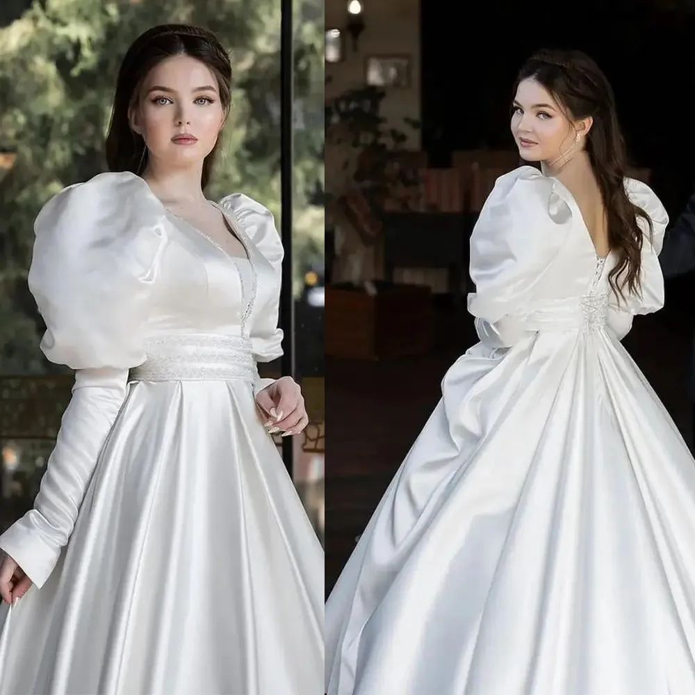 Elegantes Designer-Hochzeitskleid mit Puffärmeln und langen Ärmeln, Prinzessinnenkleid aus mattem Satin mit weichem Bund, Brautkleid in Übergröße nach Maß, Vestidos De Novia