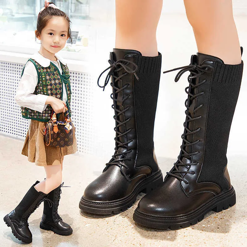 Moda Stivali Bambini Autunno e Inverno Alta Bambini Punta tonda Metà polpaccio Ragazze Nero Caldo Lace-up Unico per ragazza L221011