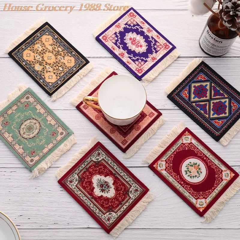 Table Mats Persian Mini Woven Rug Mat Mousepad Retro Style Carpet Pattern Cup Laptop PC Mouse Pad With Fring Home Office Decor Tools