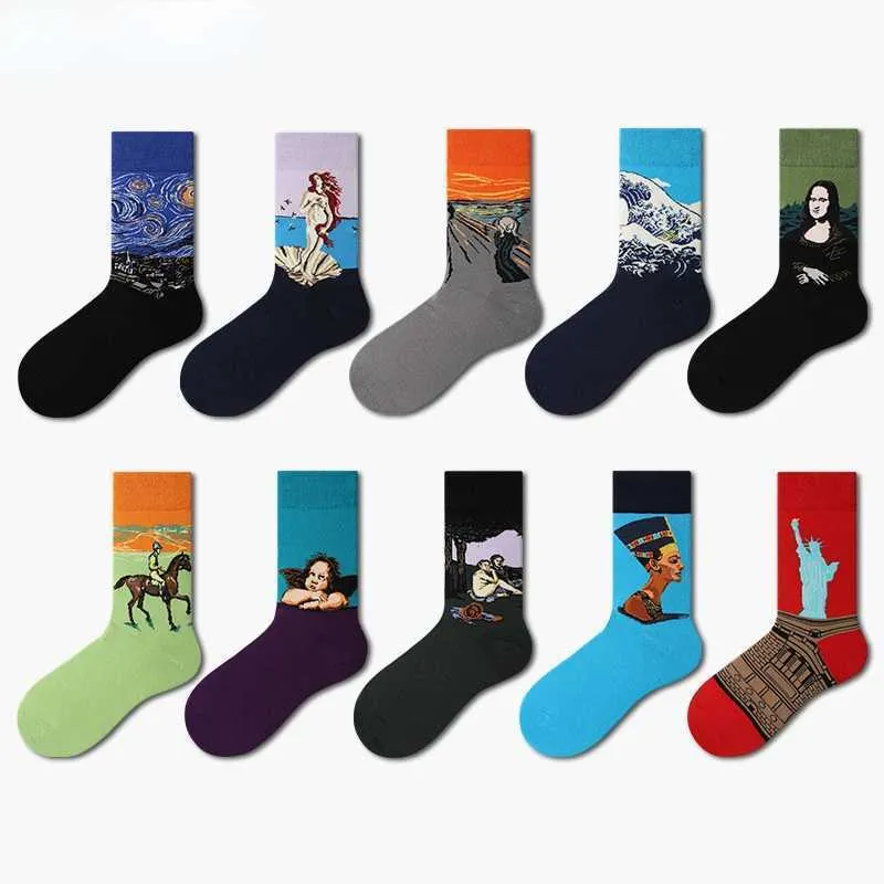 Meias masculinas Starry Night Cotton Funny Painting Socks Mulheres homens Mona ocidental Lisa beijo Pintura a óleo Série retro-clássica Casal Sock T221011