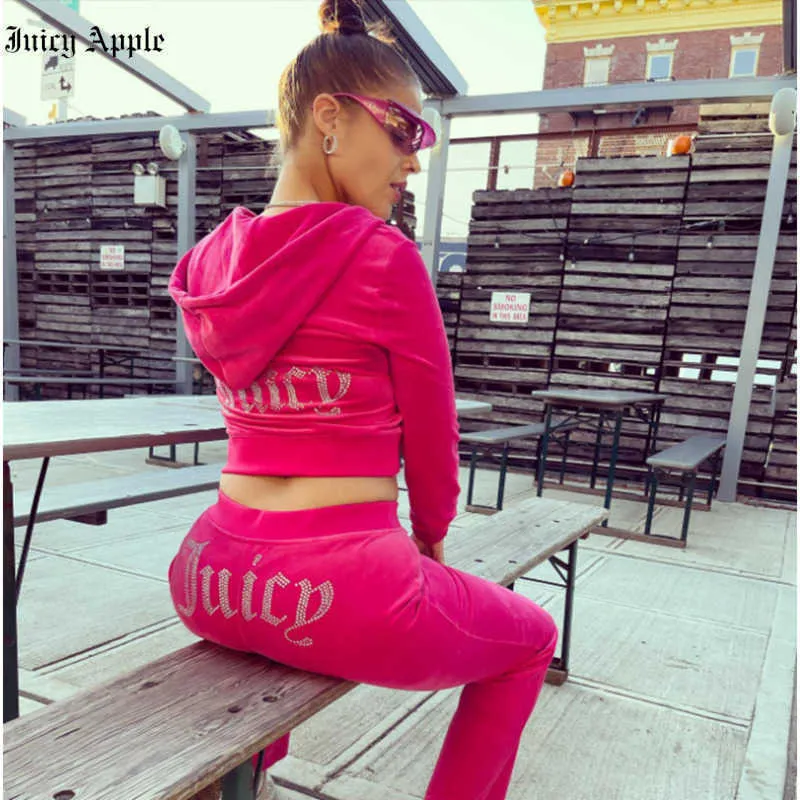 Juicy Apple Tracksuits Velvet naaimatspakken Outfit Twee -delige jogging set velours sweatshirt Met hoodie broekpak dames3