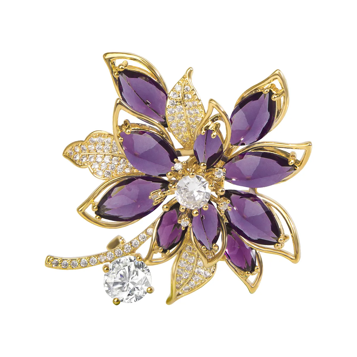 Classic Amethyst Petals Micro Diamond Zircon Brooches for Women Luxury Corsage Pin Suit Kl￤der smycken Tillbeh￶r