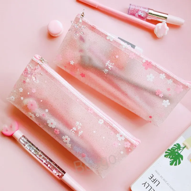 Cherry Blossom Printing Transparenta Pencil Bags Student Stationery Penns Bags Matt Printed Flower Pen Pen Falls With Sakura Pendant BH7727 TQQ