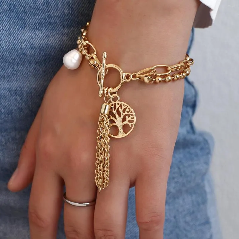 Очарование браслетов Allyes Золотое цвет металлическое дерево лифта жемчужина для женщин бусинки цепные кисточки браслеты для вечеринки