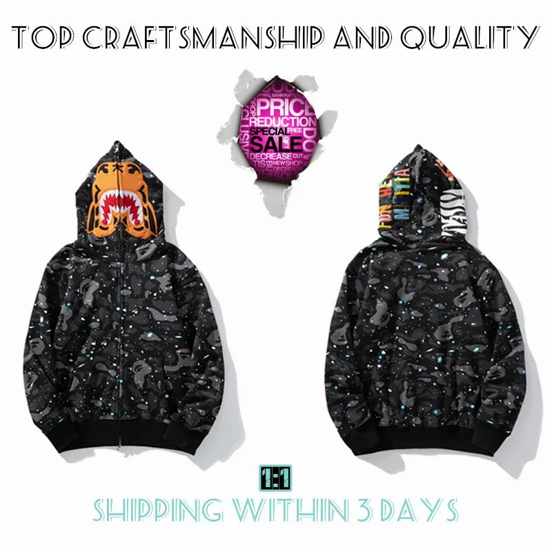 Heren hoodies Top Vakmanschap haai pullover tie dye hoodie designer jas tijger full zip color sweatshirt Luminous Fashion co-branding camouflage hoodys 5-7