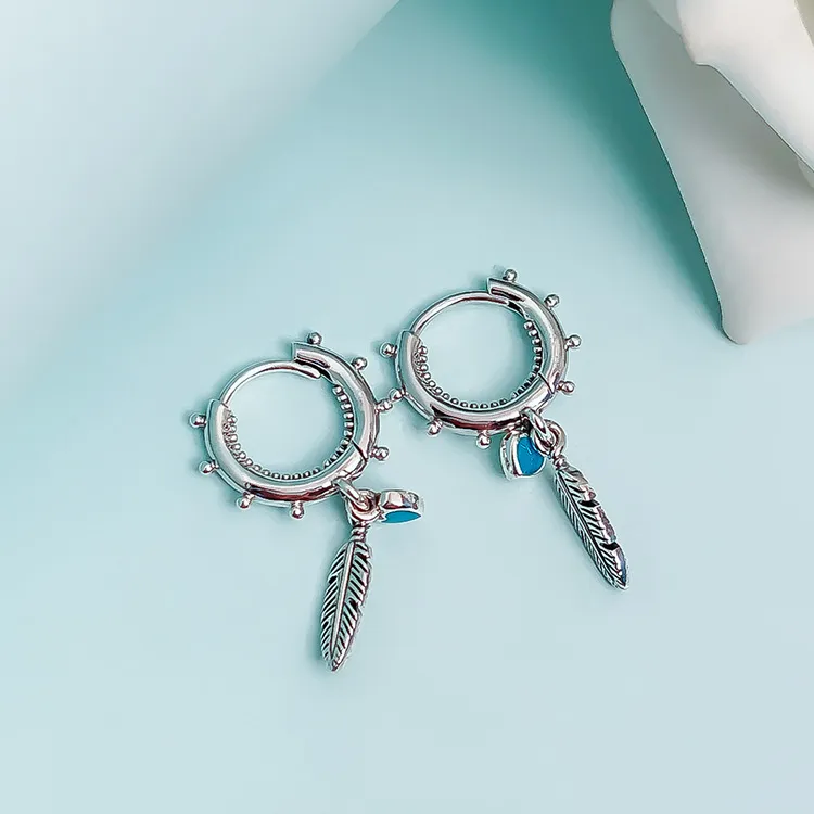 Turquoise Hearts Feather Hoop Earrings 925 Sterling Silver Wedding Party Jewelry For Women Girls with Original Box for Pandora Girlfriend Gift Pendant Earring