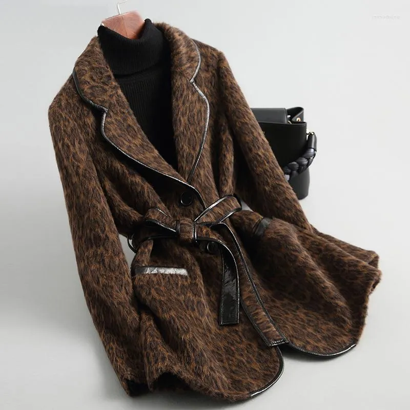 Frauen Pelz Wolle Mantel Frauen Herbst Winter Dicke Warme Alpaka Kleidung Echte Mode Leopard Design Mit Gürtel NPI 90331A