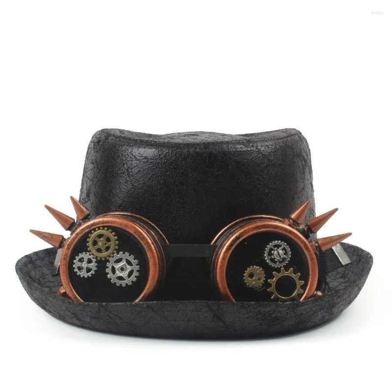 Bérets Steampunk Porkpie Chapeaux Pour Mem En Cuir Pork Pie Chapeau Papa Plat Fedora Cosplay Canotier Avec Steam Punk Lunettes