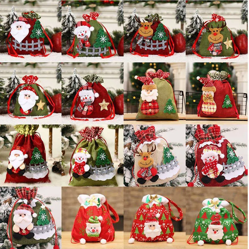 5st/set DrawString Christmas Gift Bag Santa Claus Snowman Cartoon Biscuit Varor Cookies Candy Packaging P￥sar f￶r barn Xmas Holiday F￶delsedagsfest