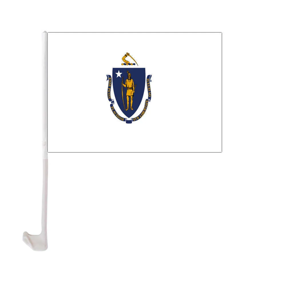 Bandera de coche de Massachusetts, 30x45cm, banderas con Clip para ventana, protección UV de poliéster, decoración de coche, cartel con asta de bandera, ambiente de Festival