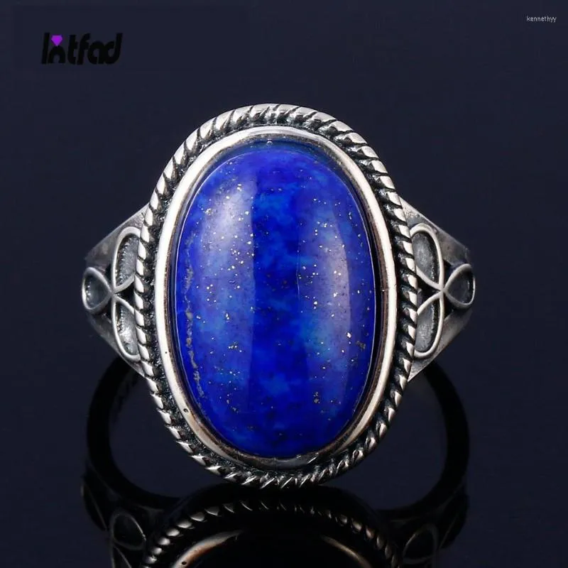 Anneaux de cluster 925 Sterling Silver Bague Ovale Grand Naturel Lapis Moonstone Bijoux pour femmes Vintage Cadeau d'anniversaire de mariage