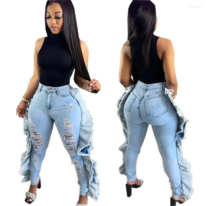 Jeans pour femmes à la mode volants femmes été trous sexy déchiré taille haute crayon extensible clubwear pantalon denim décontracté