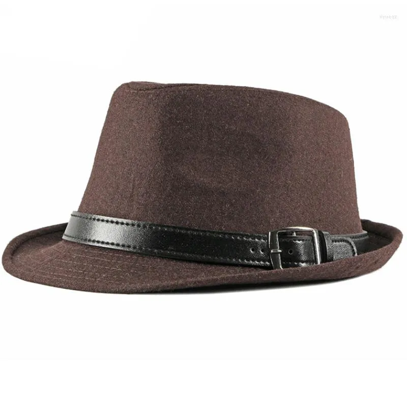 Basker vintage brett rim panama fedoras höst eleganta män platt hattar svart bälte spänne mäns vinter fedora mössor