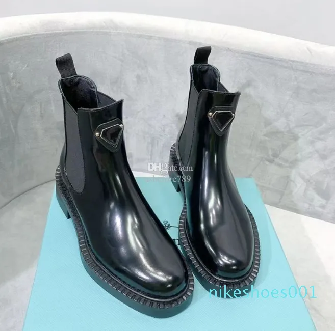 Botines de diseñador, botas de cuero de moda con suela gruesa y punta redonda para mujer