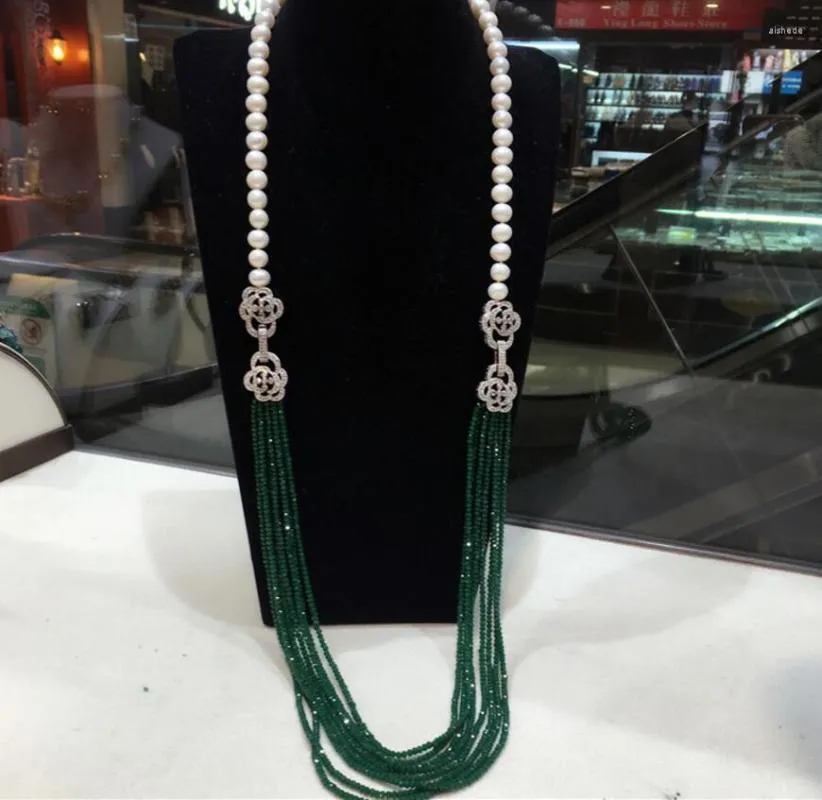 Cadenas Joyas Botón de rosa Cierre de CZ Collar de perlas naturales Jade verde Granate Cadena de suéter larga multicapa Multi