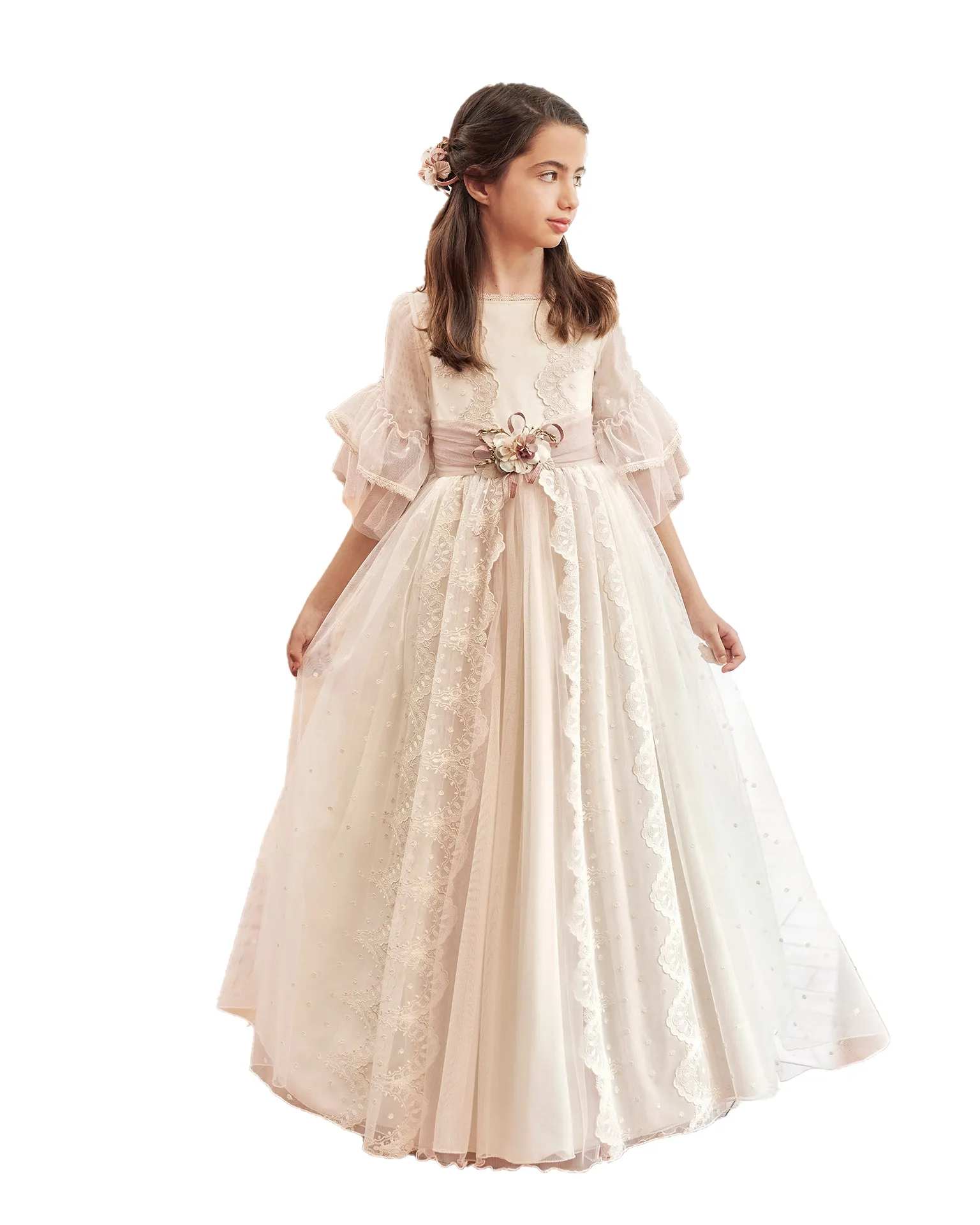 Flower Girl Dress 2023 Princess-style Embroidered Tulle Lace First Communion Gown for Little Kid Bow Sash Baptism Junior Bridesmaid Wedding Guest Floral Decoration