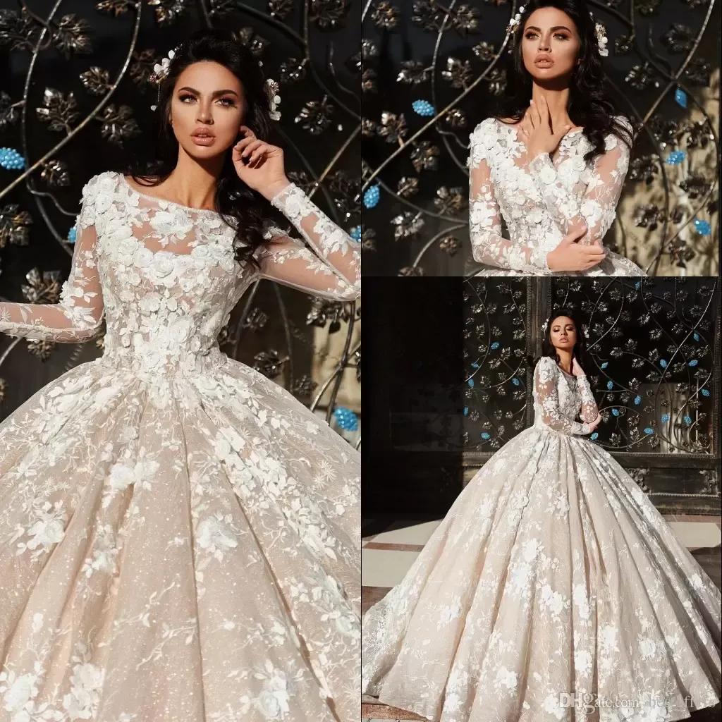 Gorgeous Long Sleeve Church Ball Gowns Wedding Dresses 2018 New Sheer Jewel Neck with 3D-Floral Flowers Lace Appliques Bridal Gowns Custom