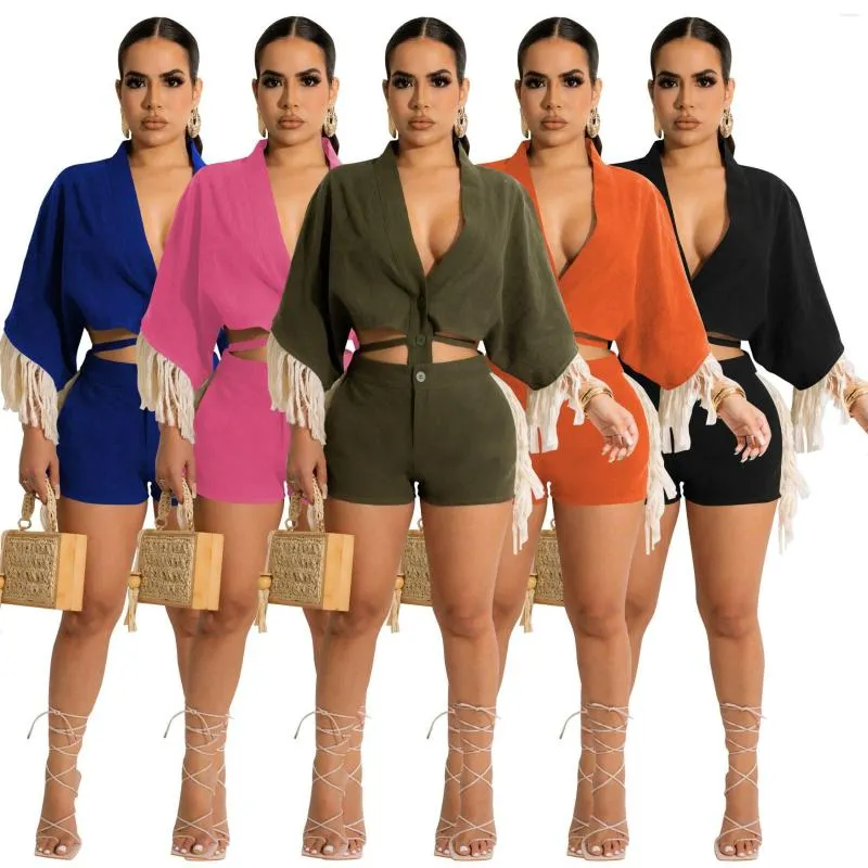 Women's Tracksuits Fashion Woman Tassels Two Pieces Set 2022 Summer Bat Sleeve Outfits V Neck Tops Casual Party Clubwear Shorts Solid