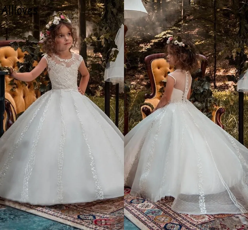 Princess Tulle Ball Gown Flower Girl Dresses For Wedding Party Juvel Neck spetsar Appliced ​​Kids Toddler Birthday Pagent Little Girls First Communion Dress AL6384